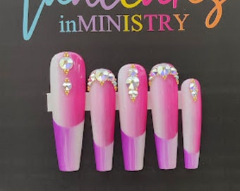 Vertical Ombre Press Ons | Pink and Purple Nails with Gems | French Tip Ombre Nails | 2 Tone Press-ons | Gradient Reusable Fake Nails