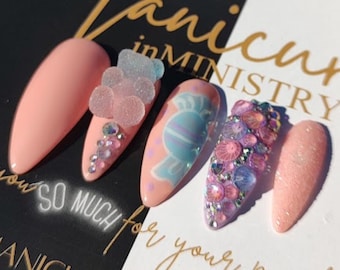 KAWAII K-pop Press on Nails, Gummy Bear Press Ons, Press Ons with Charms, 3D Nails, Christ Nails, Candy Press Ons, Builder Gel Luxury Nails