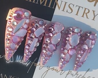Pink BLING Nails | Full Bling Press on Nails with Pink Gems | Reusable Nails False Nails Fake Nails Glue on Nails Temporary Pink Nails