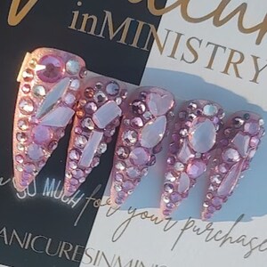 Pink BLING Nails | Full Bling Press on Nails with Pink Gems | Reusable Nails False Nails Fake Nails Glue on Nails Temporary Pink Nails