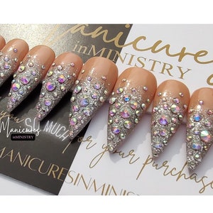 French Tip Bling Press Ons | Wedding Prom Press On Nails | Diamond Press-on Nails | Full Bling Press Ons | Press Ons with Bling French Tips