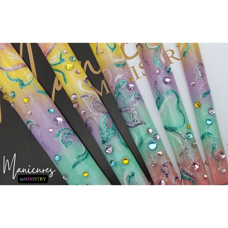 10XL Press On Nails | Pastel Ombre and Glitter Press Ons with Hand Butterfly Art | 10XL Press Ons with Rhinestones | 10XL Nails with Glitter image 5