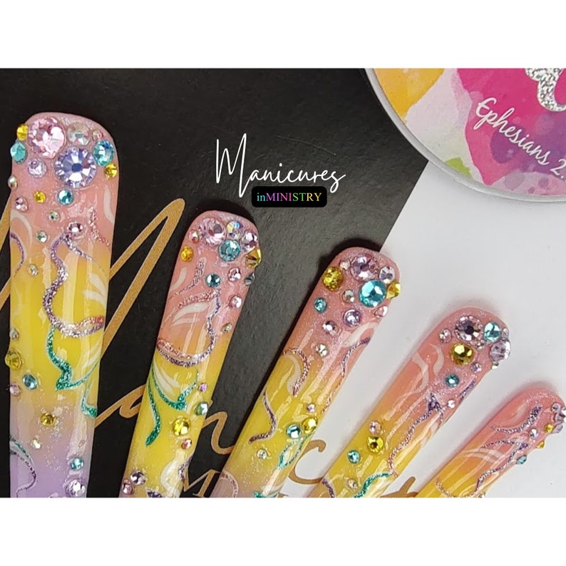 10XL Press On Nails | Pastel Ombre and Glitter Press Ons with Hand Butterfly Art | 10XL Press Ons with Rhinestones | 10XL Nails with Glitter image 4