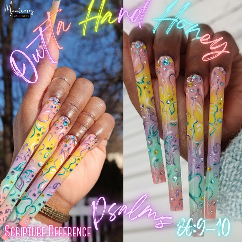 10XL Press On Nails | Pastel Ombre and Glitter Press Ons with Hand Butterfly Art | 10XL Press Ons with Rhinestones | 10XL Nails with Glitter image 2