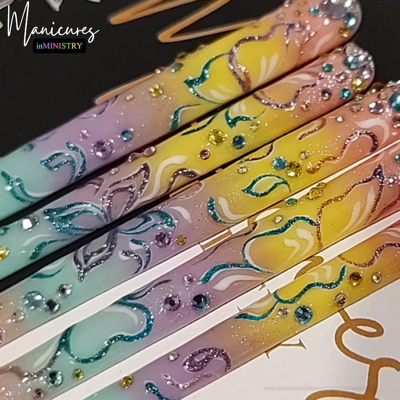 10XL Press On Nails | Pastel Ombre and Glitter Press Ons with Hand Butterfly Art | 10XL Press Ons with Rhinestones | 10XL Nails with Glitter image 7