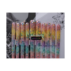 10XL Press On Nails | Pastel Ombre and Glitter Press Ons with Hand Butterfly Art | 10XL Press Ons with Rhinestones | 10XL Nails with Glitter image 3