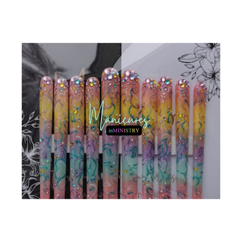 10XL Press On Nails | Pastel Ombre and Glitter Press Ons with Hand Butterfly Art | 10XL Press Ons with Rhinestones | 10XL Nails with Glitter image 3