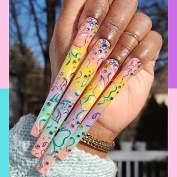 10XL Press On Nails | Pastel Ombre and Glitter Press Ons with Hand Butterfly Art | 10XL Press Ons with Rhinestones | 10XL Nails with Glitter