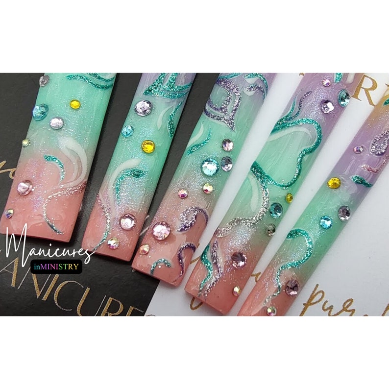 10XL Press On Nails | Pastel Ombre and Glitter Press Ons with Hand Butterfly Art | 10XL Press Ons with Rhinestones | 10XL Nails with Glitter image 6