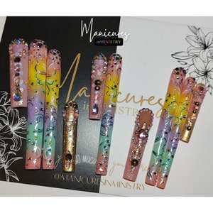 10XL Press On Nails | Pastel Ombre and Glitter Press Ons with Hand Butterfly Art | 10XL Press Ons with Rhinestones | 10XL Nails with Glitter image 8