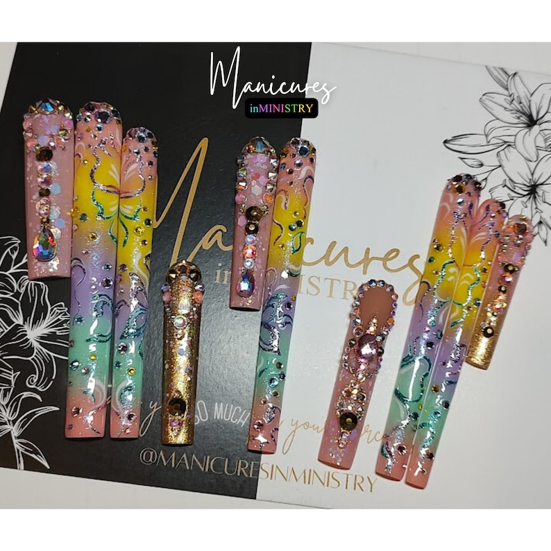 10XL Press On Nails | Pastel Ombre and Glitter Press Ons with Hand Butterfly Art | 10XL Press Ons with Rhinestones | 10XL Nails with Glitter image 8