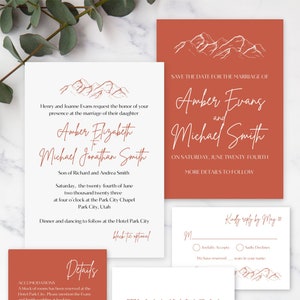 Line Art Mountain Wedding Invitation Suite | Customizable | Full Set with Invites, Details, RSVP | Boho | Rocky Mountain Destination Wedding