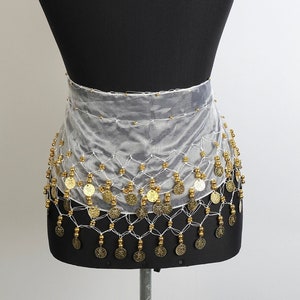 Colourfull Shakira Belt, Bachelorette Party, Belly Dance Hip Circle Belt with Fringes and Coins, Chiffon Belly Dance Hip Scarf