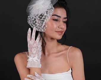 Chapeau élégant de mariée blanche avec voile de visage, chapeau de mariage, chapeau de mariée, chapeau d'église, chapeau de bal, chapeau de derby du Kentucky, casque de mariage élégant