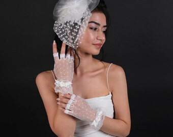 Half Finger Bridal Gloves And Hat, Bridal Hat, Fingerless Bridal Gloves, Wedding Cap, White Glove, Black Glove