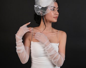 Fingerless Long Tulle Bridal Gloves, Bridal Dress, Wedding Hat, Bridal Gloves Hat Set, Tulle Gloves, Long Gloves, Fingerless Tulle Gloves