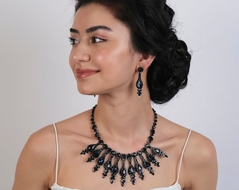 Crystal Bridal Jewelry Set, Black Rhinestone Necklace and Earring Set