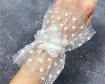 Short Tulle Bridal Gloves with Flower, Formal Events, White or Black