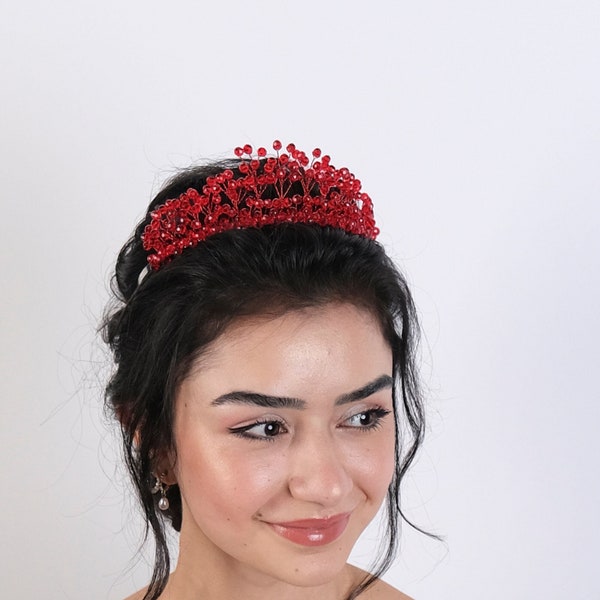 Red Color Crystal Beaded Bridal Tiara, After Party Tiara, Costume Tiara, Special Occasion Tiara, Henna Tiara, Wedding Tiara