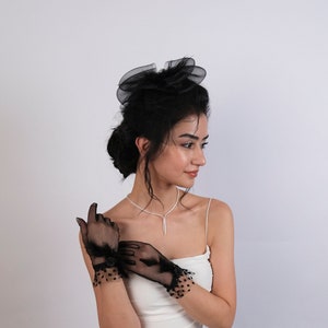 Black Feathered Short Gloves, Bridal Gloves, Bridal Veil, Bridal Tulle Veil, Birdcage Veil, Bridal Gloves And Veil