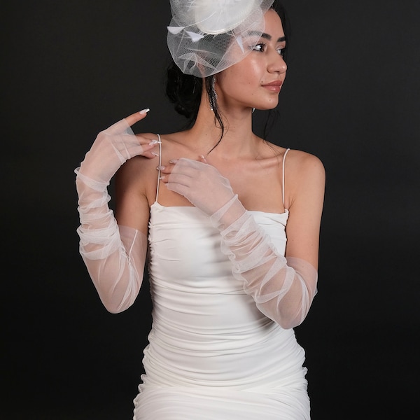 Fingerless Long Tulle Bridal Gloves, Bridal Dress, Wedding Hat, Bridal Gloves Hat Set, Tulle Gloves, Long Gloves, Fingerless Tulle Gloves