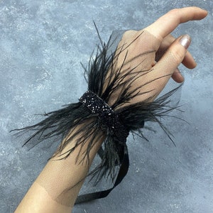 Tulle Wedding Bridal Gloves, Wedding Gloves, Bridal Gloves, Feathered & Crystal Bridal Gloves, Fingerless Gloves, Prom Gloves, White Gloves