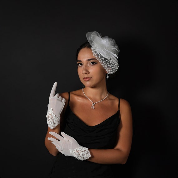 Feather and Polka Dot Fascinator With Lace Gloves For Weddings Dress up and more Lace Bridal Gloves and Polka Dot Wedding Hat Set - Etsy main image 3