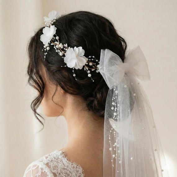 Bridal Headpiece With Bow Veil, White Flower Crown, Pearl  display picture 2