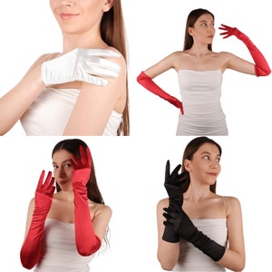 Könnte beinhalten: Satinhandschuhe in Weiß, Rot und Schwarz. Die Handschuhe sind lang und reichen über die Ellbogen hinaus. Das Bild zeigt verschiedene Ansichten der Handschuhe, die ihre glatte Textur und ihr elegantes Design hervorheben. Ideal für formelle Anlässe.