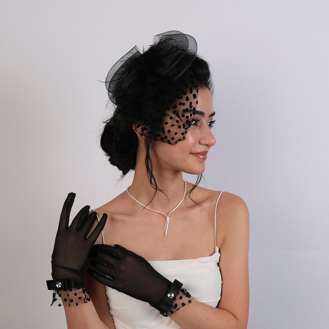 Bridal Glove With Black Ribbon, Wedding Veil, Wedding Glove, Black