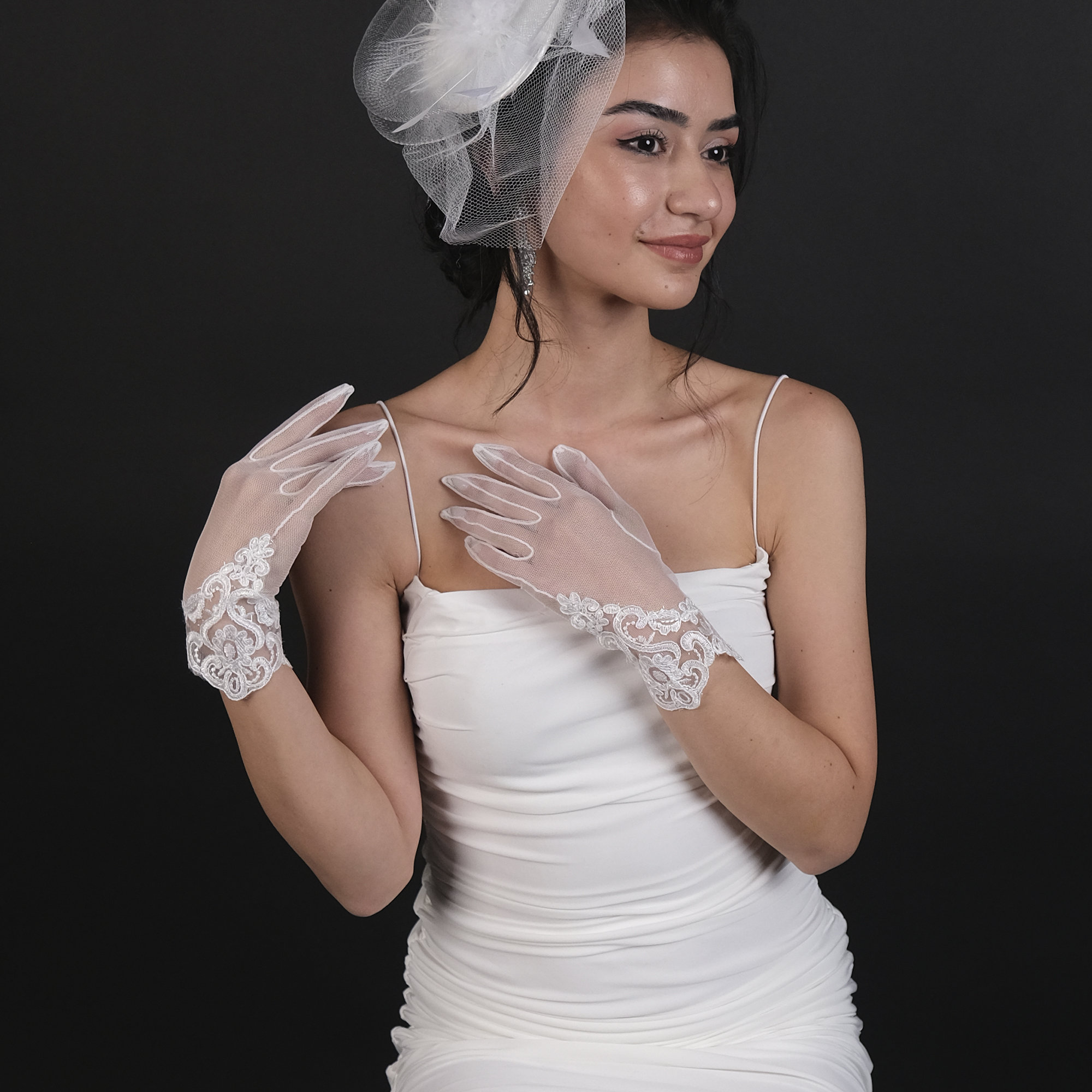 Feather and Polka Dot Fascinator With Lace Gloves For Weddings Dress up and more Lace Bridal Gloves and Polka Dot Wedding Hat Set - Etsy main image 2