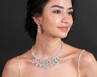 Kristall Braut Schmuck Set, Silber Hochzeit Halskette & Ohrringe
