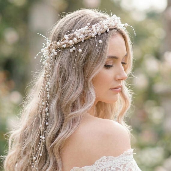 Pearl Bridal Hair Vine, Wicker Headband With Crystals  display picture 3