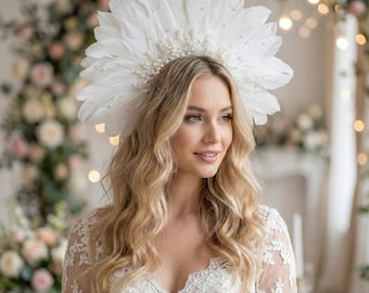 Statement Feather Halo Crown, Beaded Bridal Headpiece, Boho Wedding Hair Accessory, Festival Party Tiara, Photo Shoot Prop