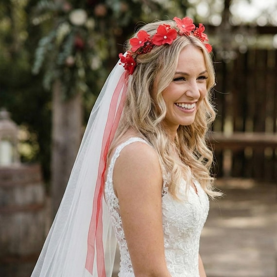 Handmade Floral Bridal Headband, Red Crystal Flower Wedding Headpiece Red Clay Flower Crown – Crystal Bridal Headpiece - Etsy main image 4