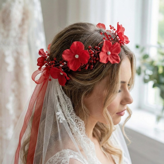 Handmade Floral Bridal Headband, Red Crystal Flower Wedding Headpiece Red Clay Flower Crown – Crystal Bridal Headpiece - Etsy main image 2