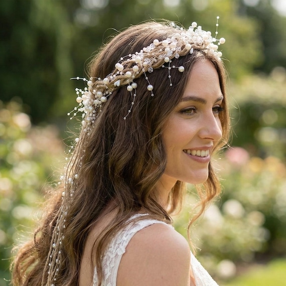 Boho Bridal Crown, Wicker Cord & Pearl Dangle Hair Accessory  display picture 3