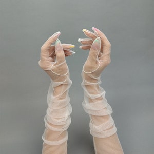 Long Tulle Wedding Gloves, Chic Wedding Gloves, white Sheer Lace Gloves party gloves Ladies gloves Bridesmaid, Gloves of opera length Gloves