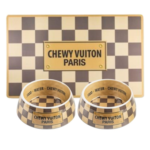 Checkered Chewy Vuiton Dog Bowls with Placemat Set