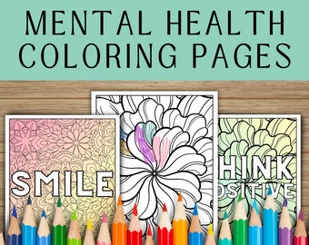 Peut inclure: Trois pages à colorier avec des contours noirs et un fond dégradé. La première page dit "SMILE" et a un motif de mandala. La deuxième page a un motif de fleur. La troisième page dit "THINK POSITIVE" et a un motif de fleur. Une rangée de crayons de couleur se trouve devant les pages.