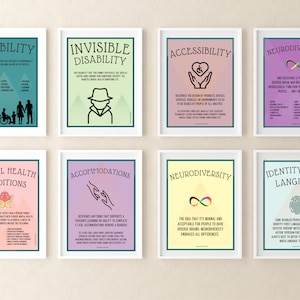 Conjunto de 16 carteles sobre aceptación de la neurodiversidad y concienciación sobre la discapacidad. Decoración para tablones de anuncios de aulas de profesores para adultos.