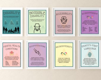 May include: Eight colorful posters with white frames, each with a different term related to disability and neurodiversity. The posters include the terms: Disability, Invisible Disability, Accessibility, Neurodivergent, Mental Health Conditions, Accommodations, Neurodiversity, and Identity-First Language. Each poster features a symbol and a definition of the term.