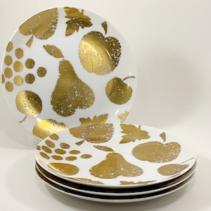 CRATE & BARREL 8&quot; Salad/Appetizer Plates - Gold Fruit Pattern CBL143 - Set of 4