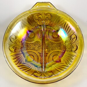 Marigold Carnival Glass Divided Relish Dish, Killarney Pattern