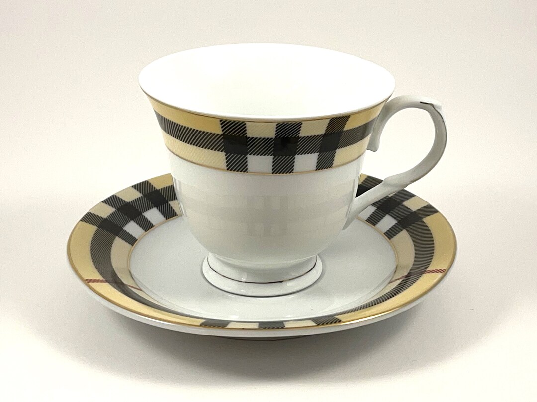 G S Fine Porcelain German Design Plaid Cups and Saucers Etsy