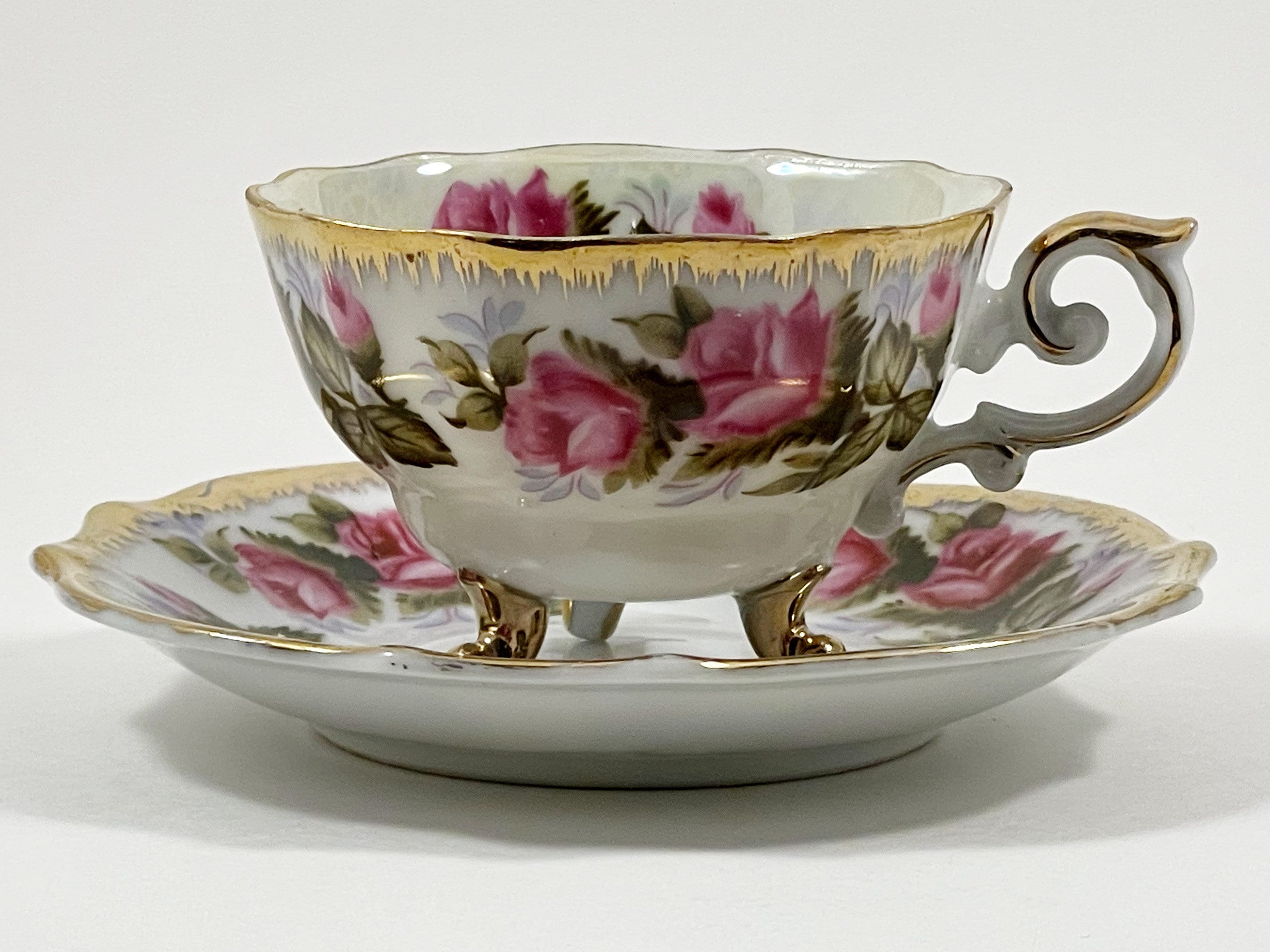 Original Napco China Iridescent Hand Painted Footed Cup and Saucer