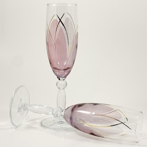 Champagne Flutes Hand Painted in Pink/Lavender and Gold - Set of 2