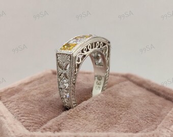 1930s Antique 2.10 Ct White and yellow Princess Cut filigree Engagement Ring in 935 Argentium Silver, women Rings, Antique engagement ring