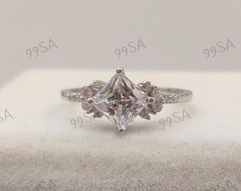1.60Ct White Princess Cut wedding Engagement Ring in 935 Argentium Silver, Multi stone Ring, Antique engagement ring,rings for women