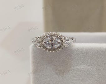 Antique Art deco 2.0 Ct White Oval Engagement Ring in 935 Argentium Silver,Edwardian Ring,Antique engagement ring,bezel set ring